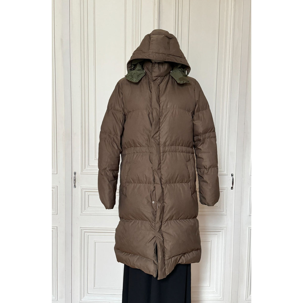 Khaki Long Hooded Puffer Coat