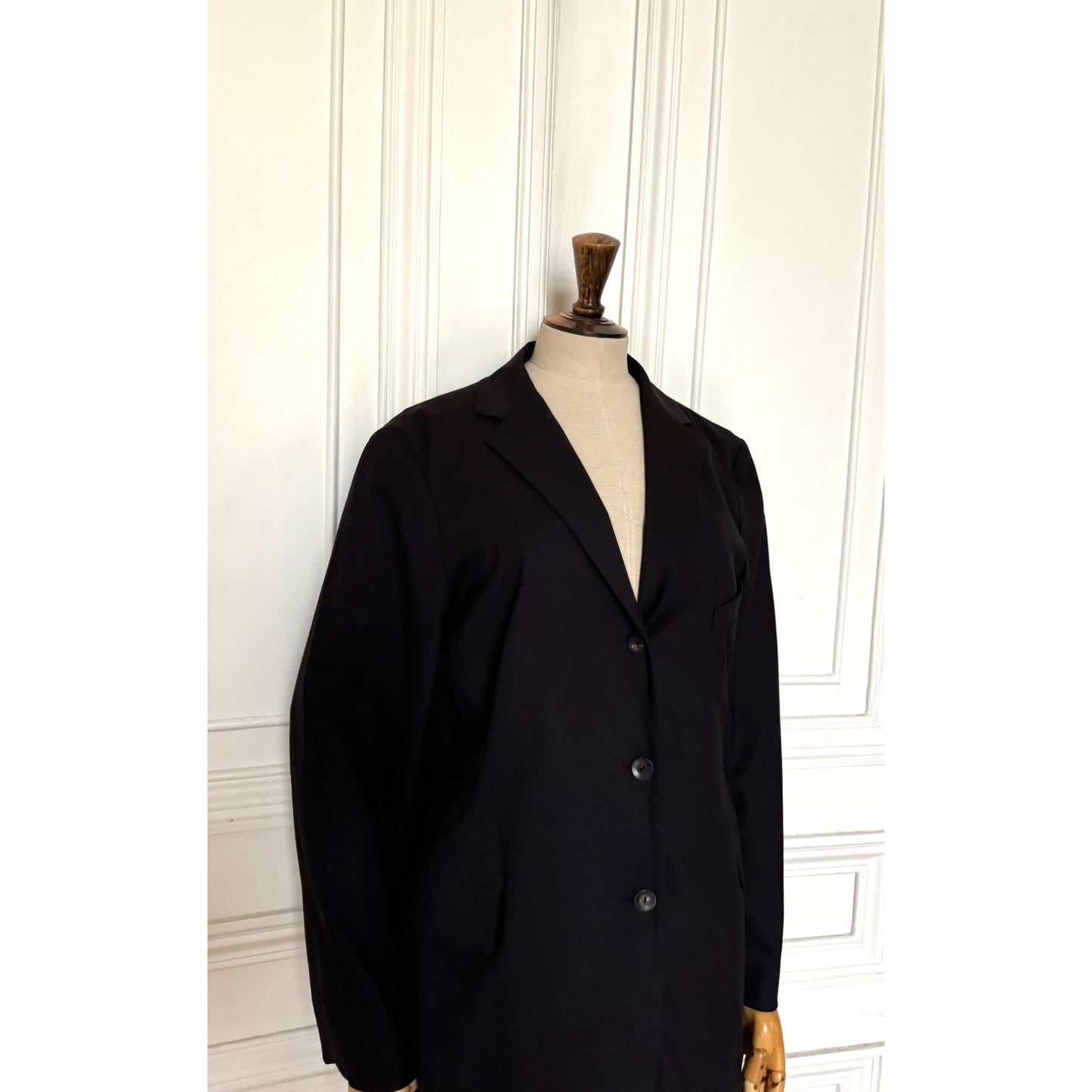 Elegant Black Wool Long Blazer Jacket 