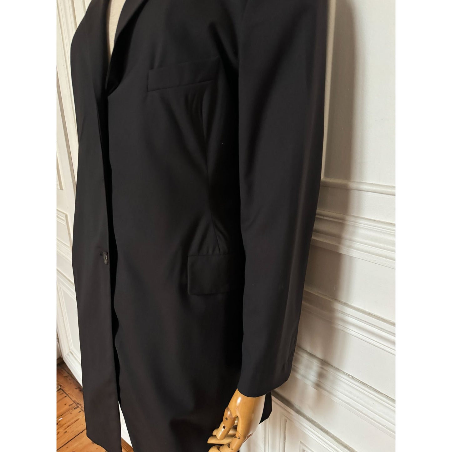 Elegant Black Wool Long Blazer Jacket 