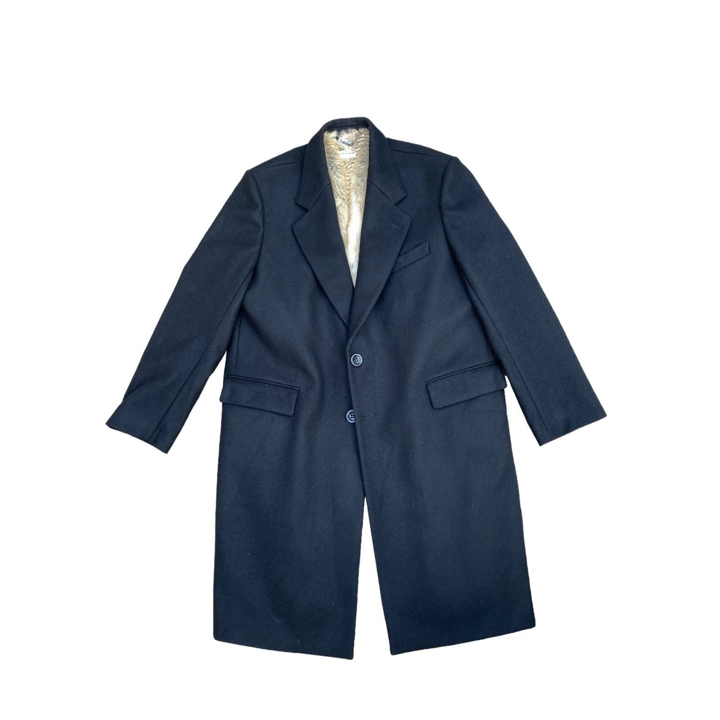FW 2020 Black Wool Overcoat with Faux Fur Lining Chesterfield Cut