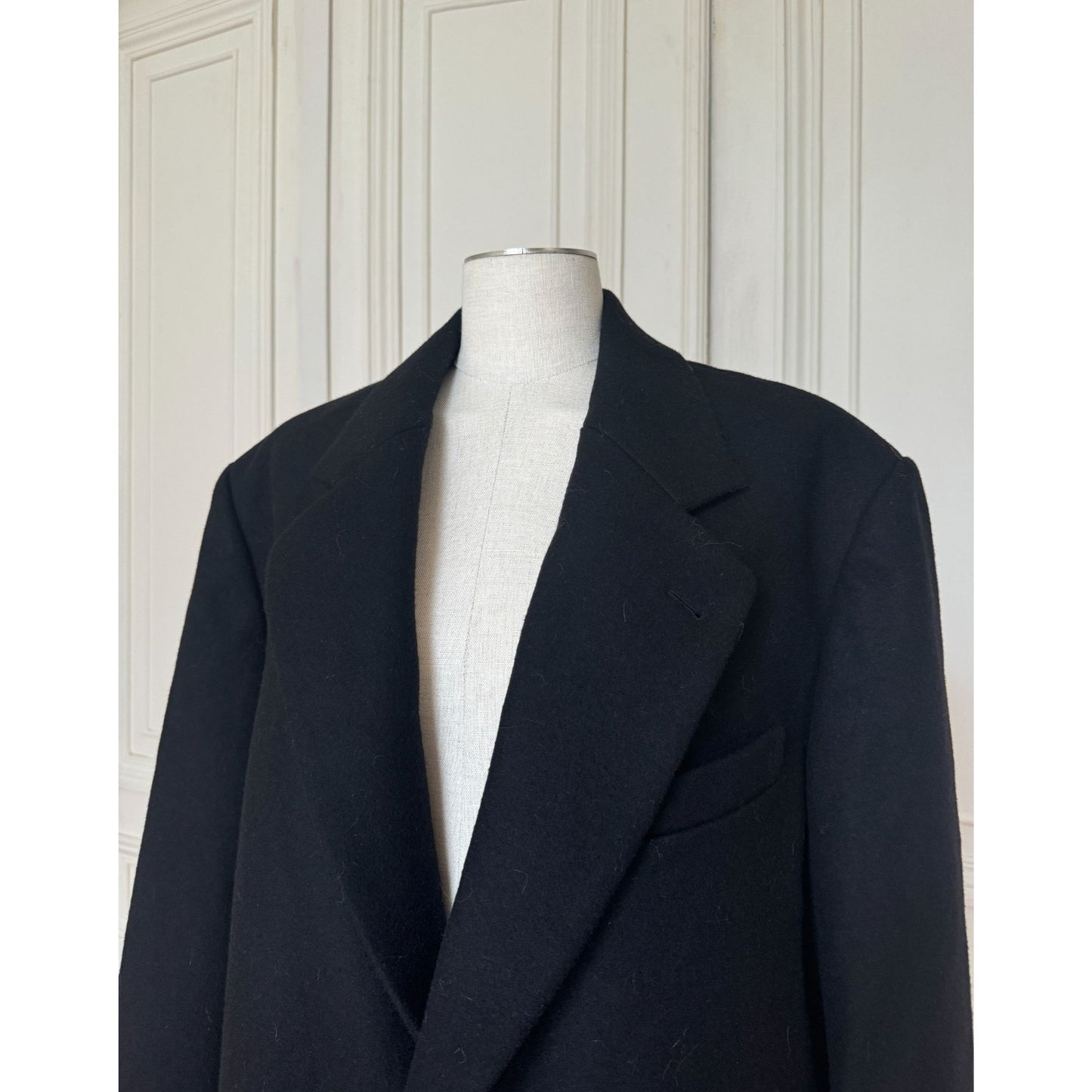 FW 2020 Black Wool Overcoat with Faux Fur Lining Chesterfield Cut