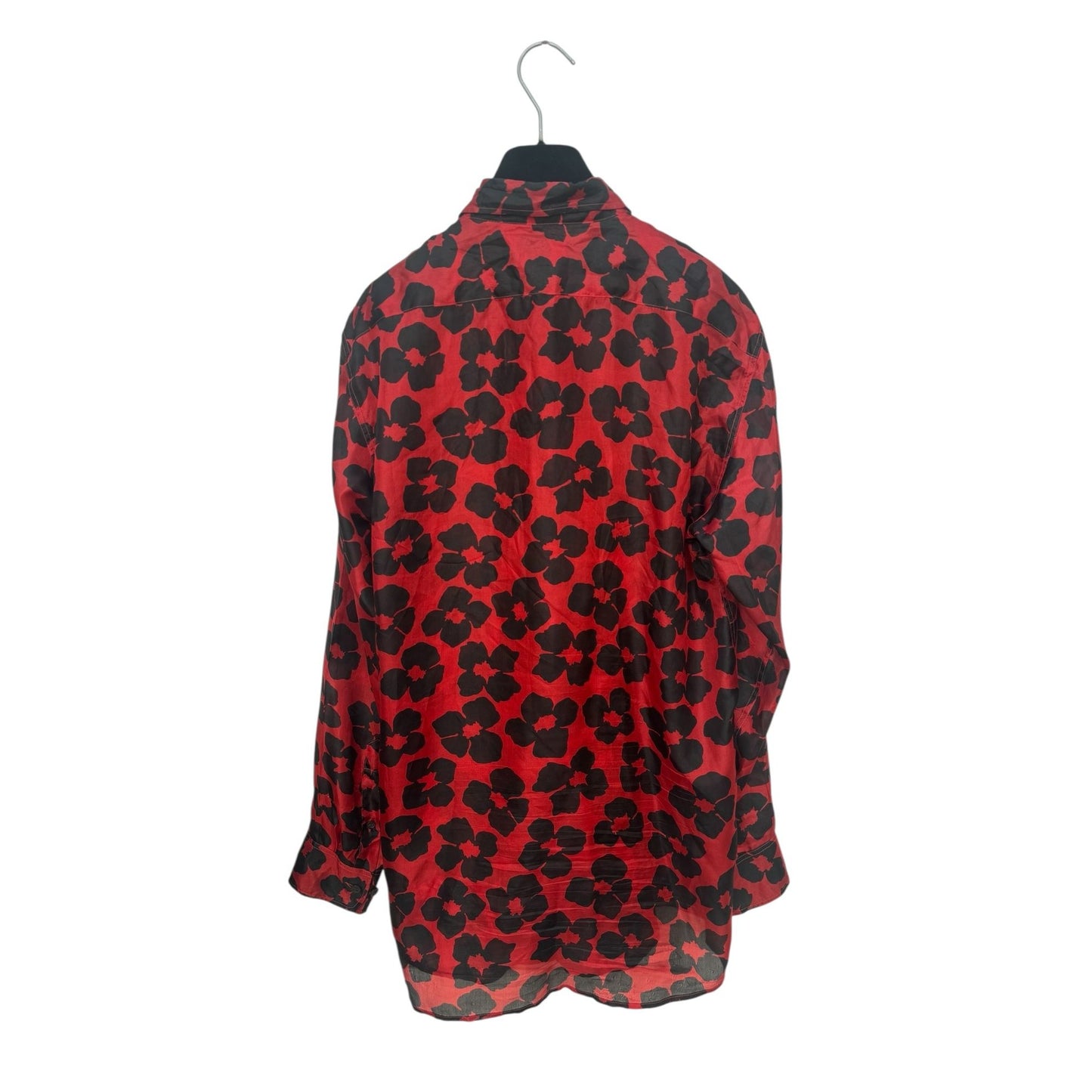 Black & Red Silk Floral Shirt with Ruffled Front
