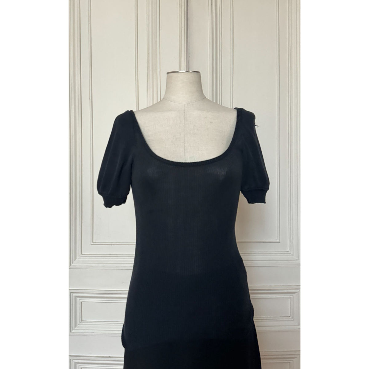 1980s Black Ribbed Knit Wide Neck Top