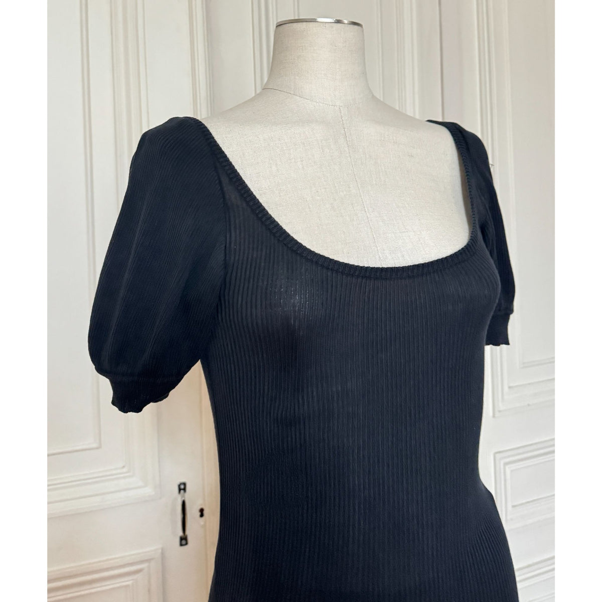 1980s Black Ribbed Knit Wide Neck Top