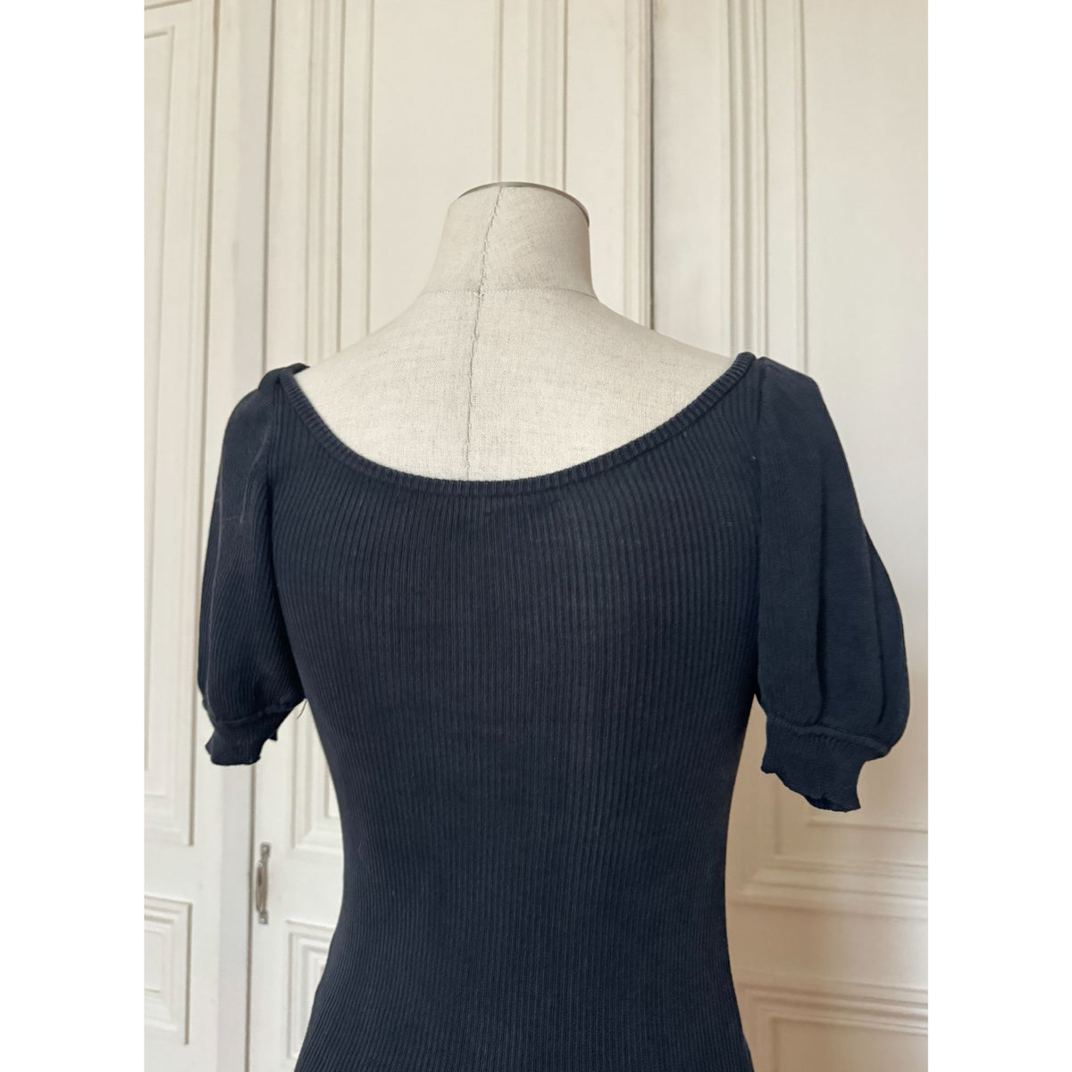 1980s Black Ribbed Knit Wide Neck Top