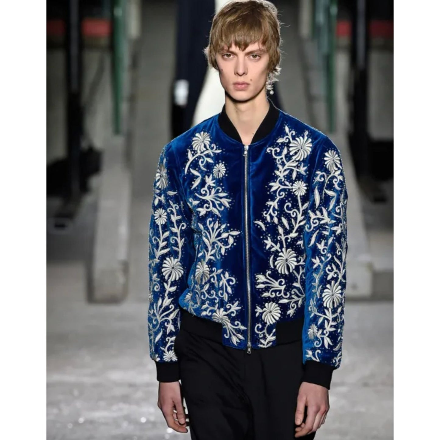FW 2018 Blue Velvet Sequined Embroidered Bomber Jacket