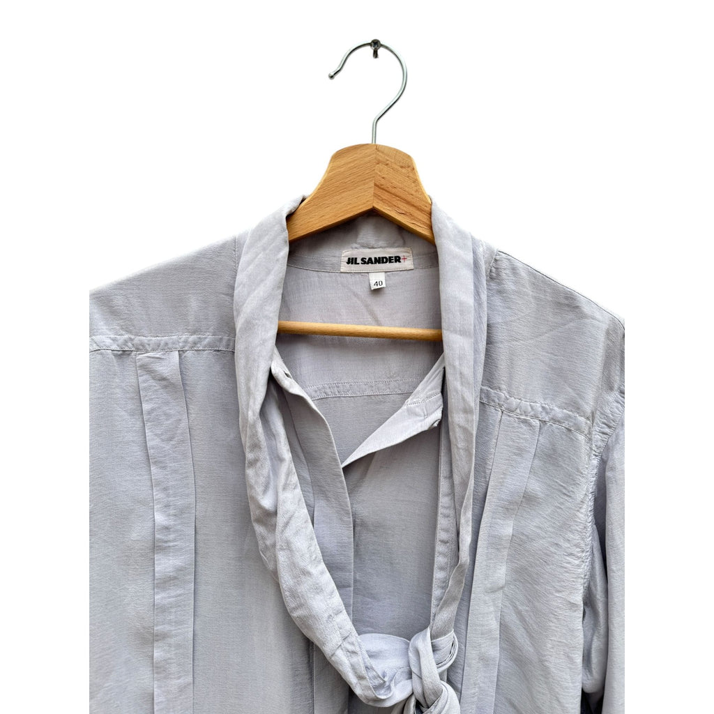 Lila Blue Silk Built-in scarf shirt