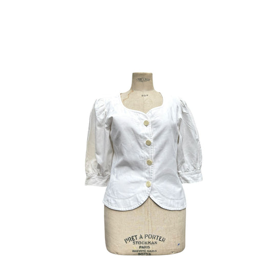 1980s White Cotton Puffed Shoulder Blouse