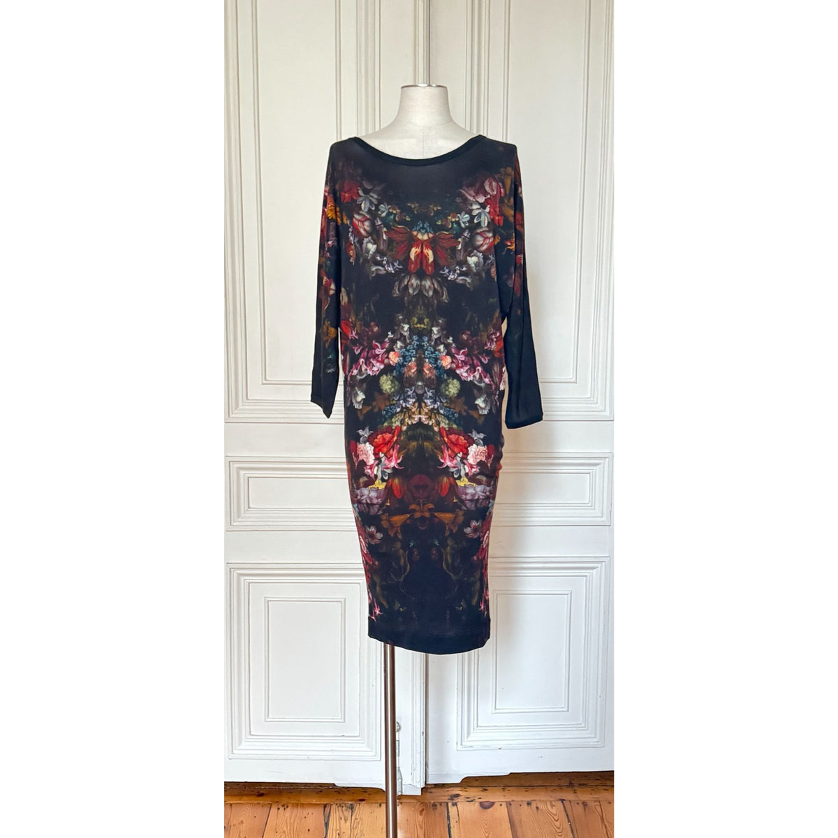 FW 2012 Black Red Floral Printed Wool Dress