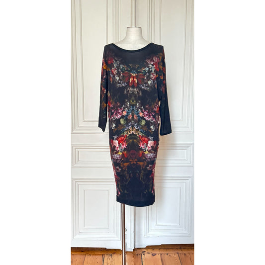 FW 2012 Black Red Floral Printed Wool Dress