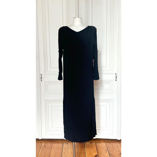 1980s Black Wool Embellished Button Maxi Evening Dress