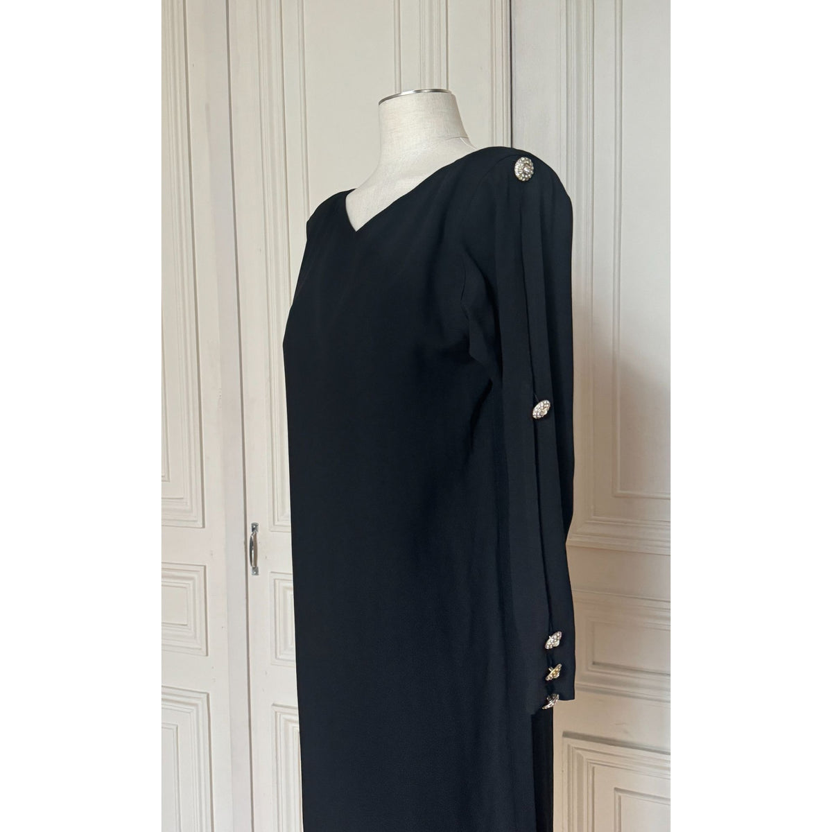 1980s Black Wool Embellished Button Maxi Evening Dress