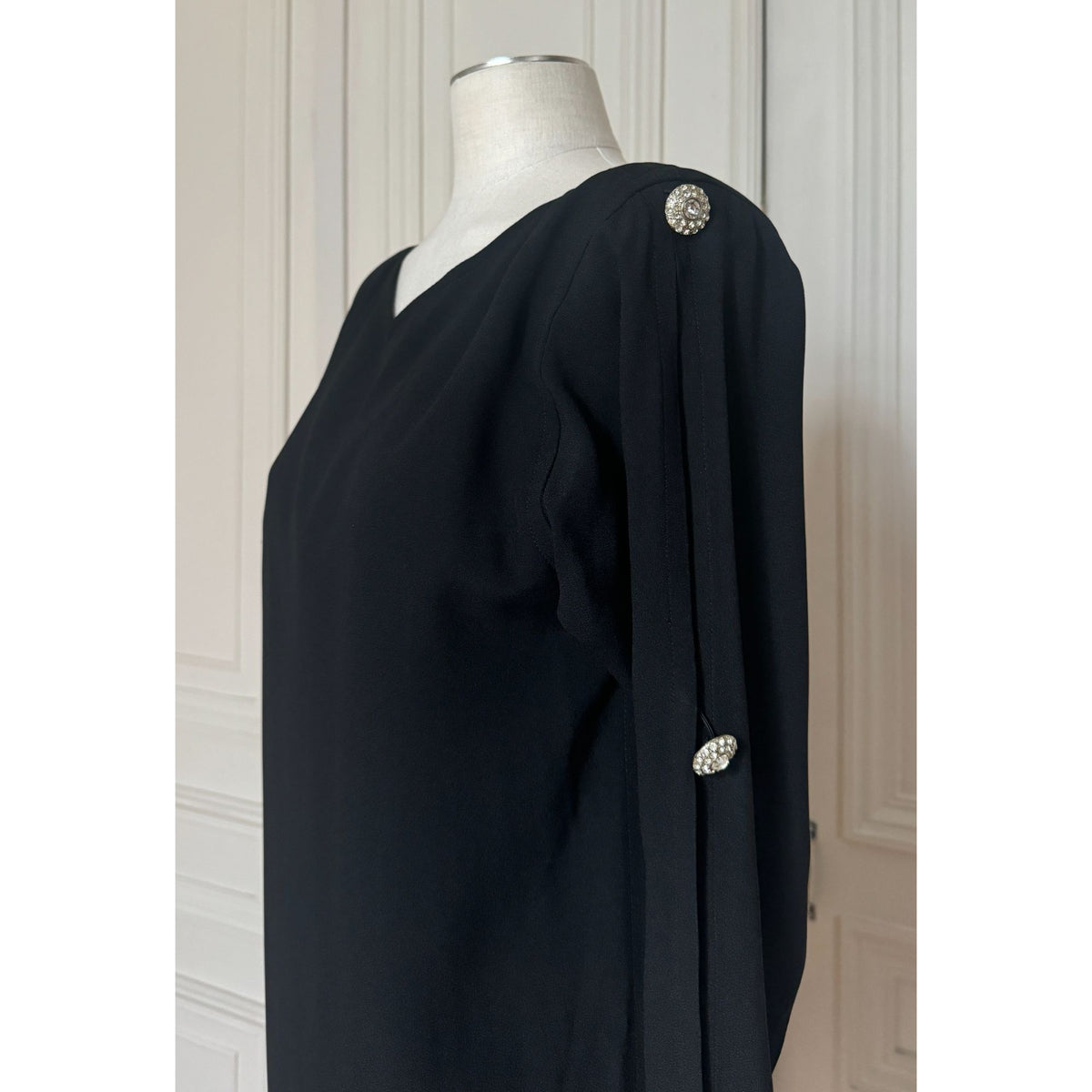 1980s Black Wool Embellished Button Maxi Evening Dress