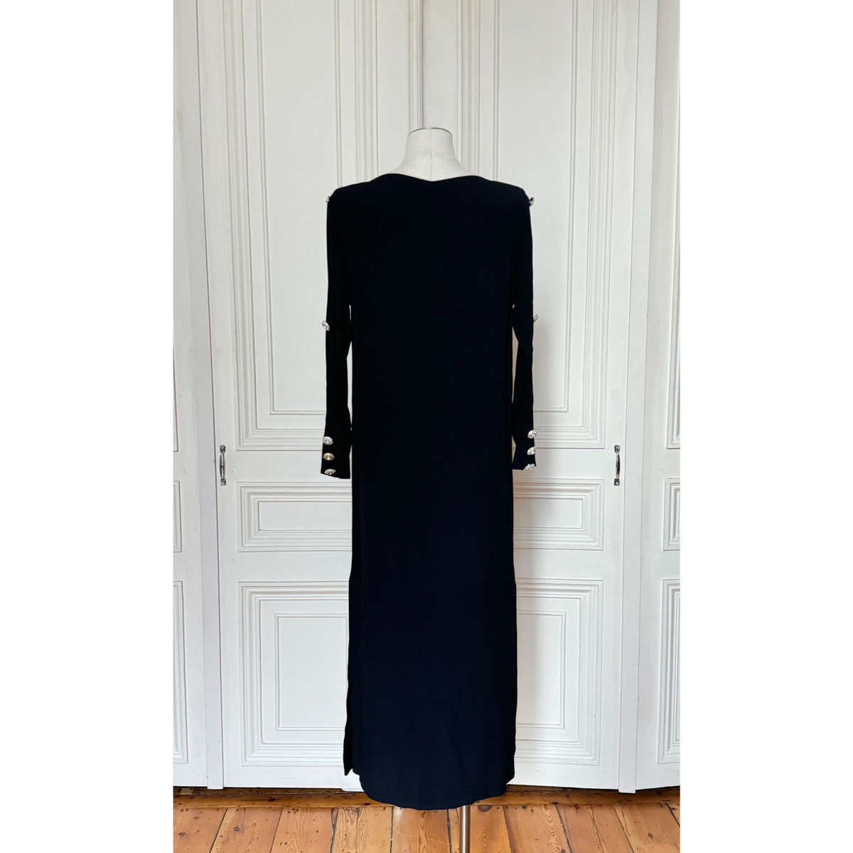 1980s Black Wool Embellished Button Maxi Evening Dress