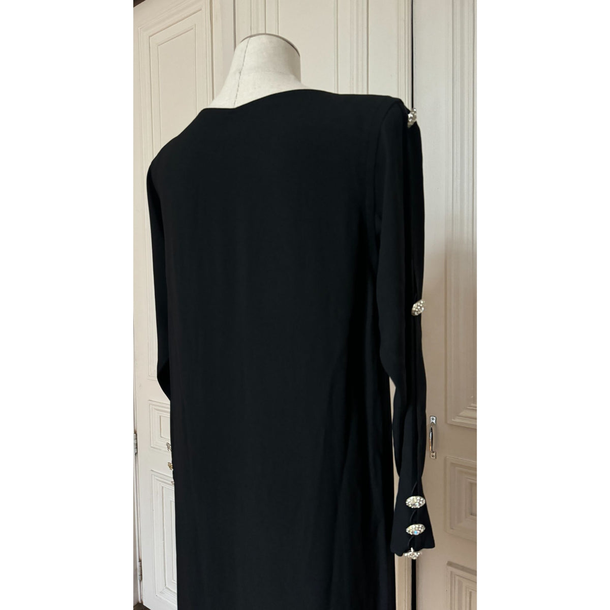 1980s Black Wool Embellished Button Maxi Evening Dress