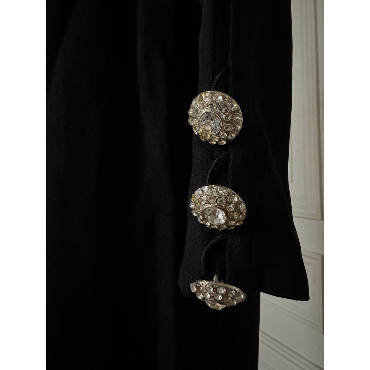 1980s Black Wool Embellished Button Maxi Evening Dress