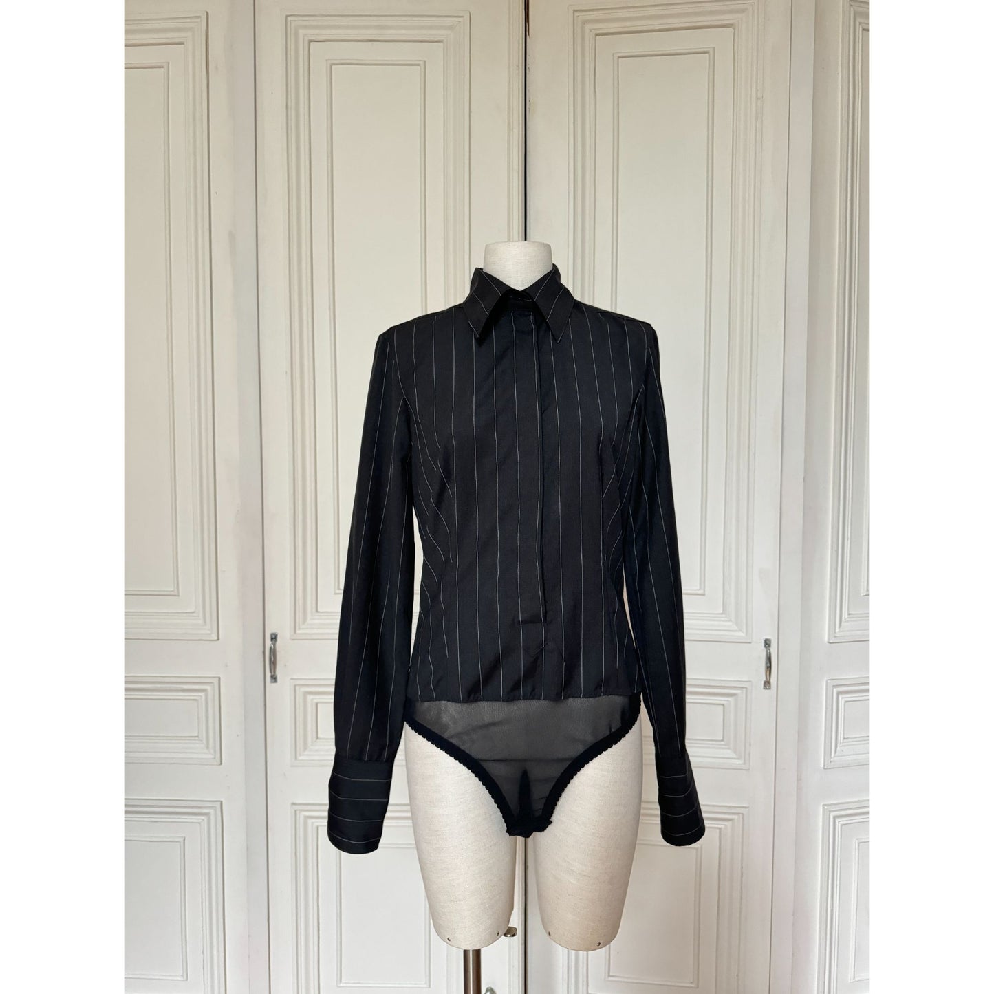 Grey Black Pinstripe Bodysuit Shirt 