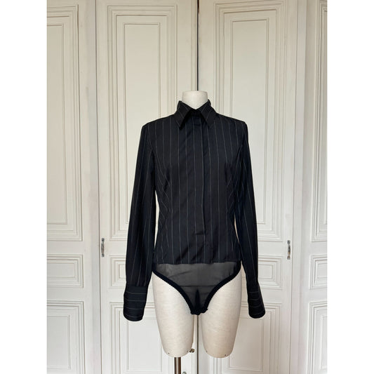 Grey Black Pinstripe Bodysuit Shirt 