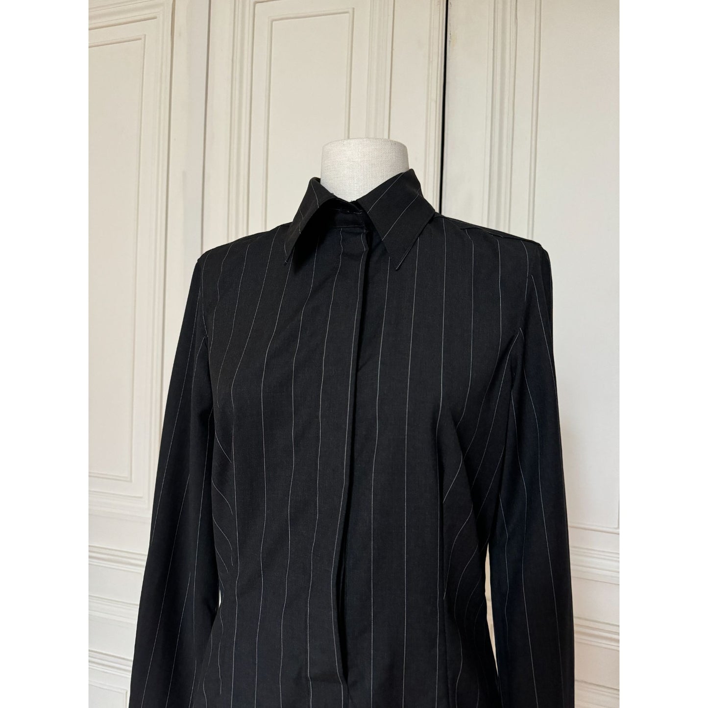 Grey Black Pinstripe Bodysuit Shirt 