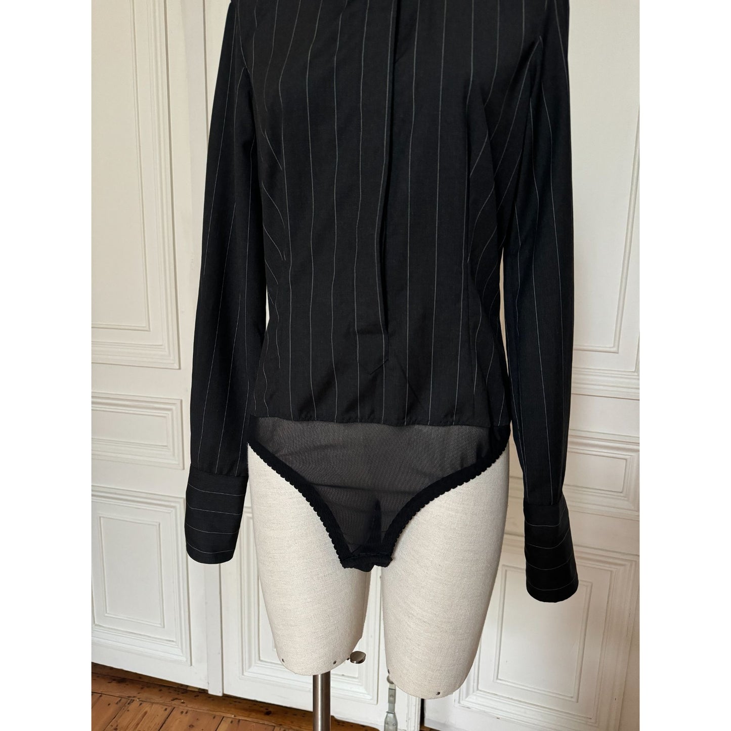 Grey Black Pinstripe Bodysuit Shirt 