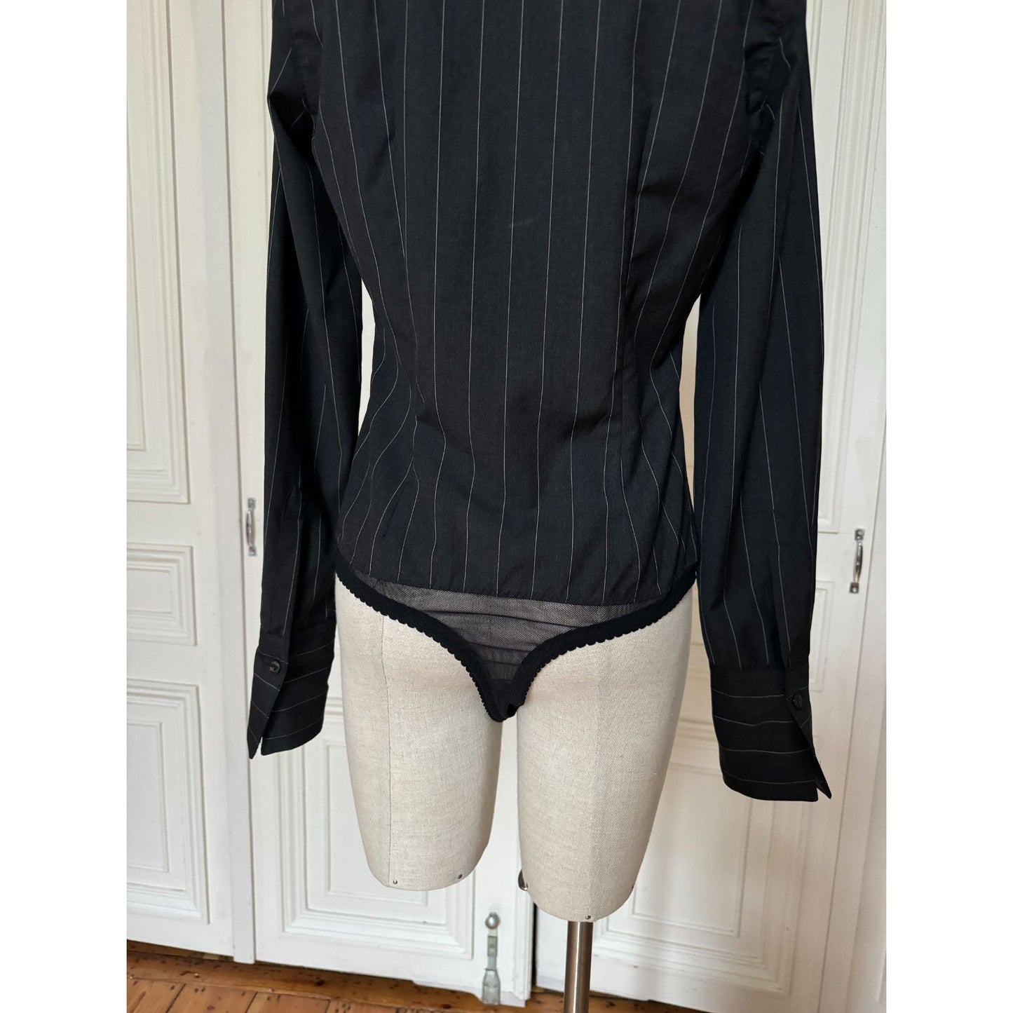 Grey Black Pinstripe Bodysuit Shirt 