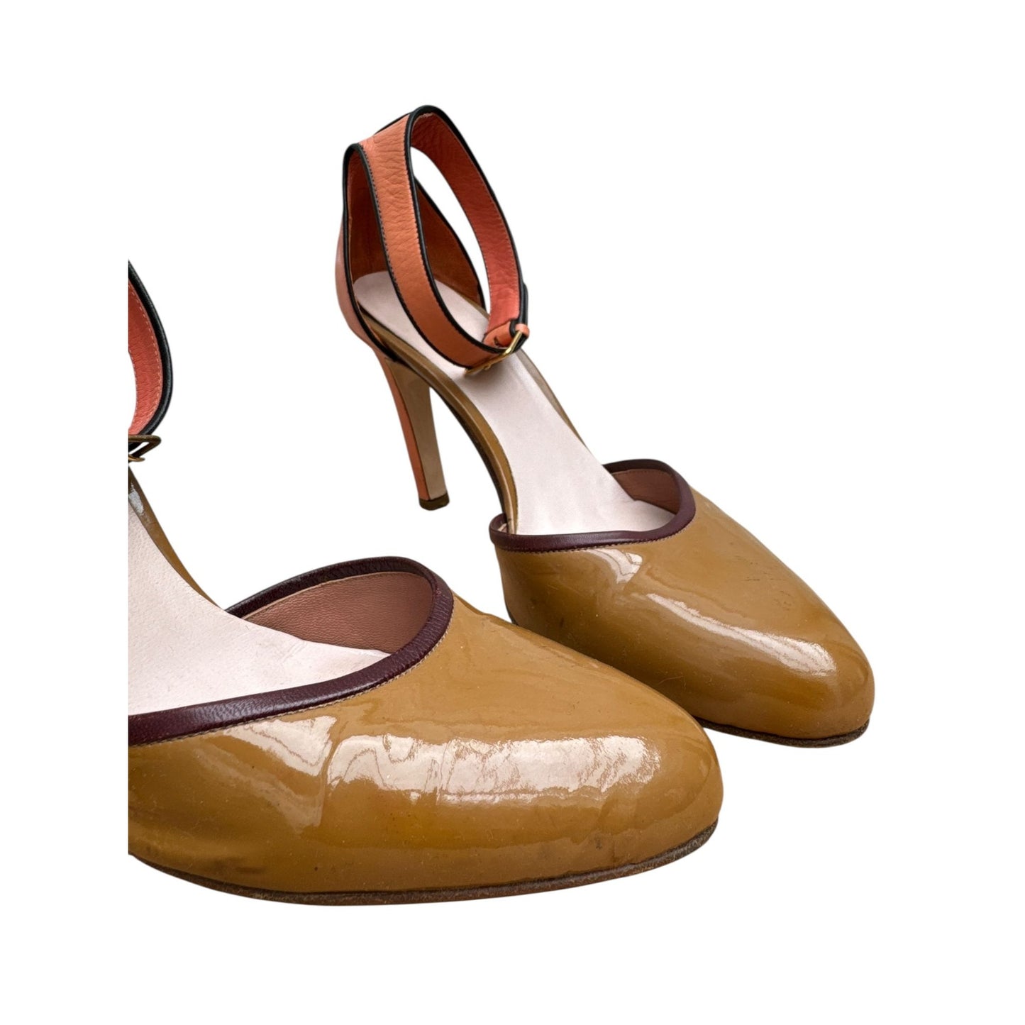Brown / Pink Patent Leather Ankle Strap Heels