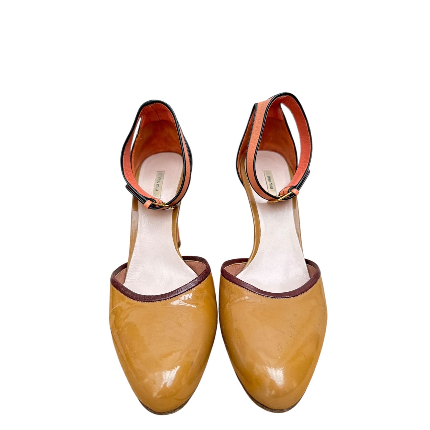 Brown / Pink Patent Leather Ankle Strap Heels
