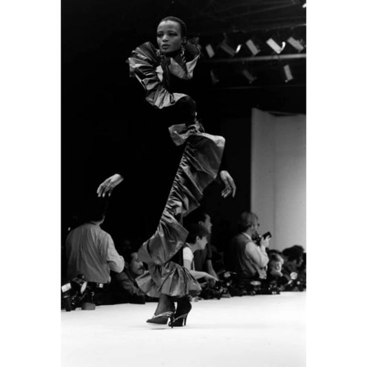 Fall 1984 Runway Silk Taffeta Ruffle &amp; Velvet Dress