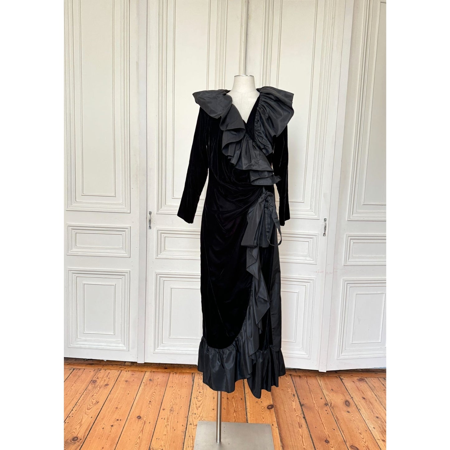 Fall 1984 Runway Silk Taffeta Ruffle &amp; Velvet Dress