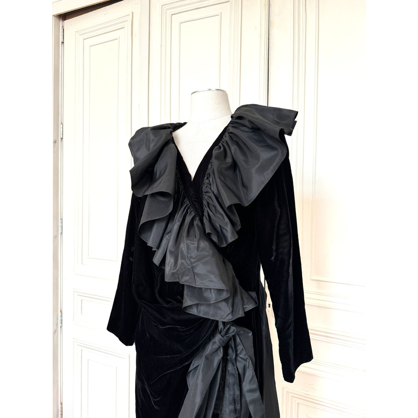 Fall 1984 Runway Silk Taffeta Ruffle &amp; Velvet Dress
