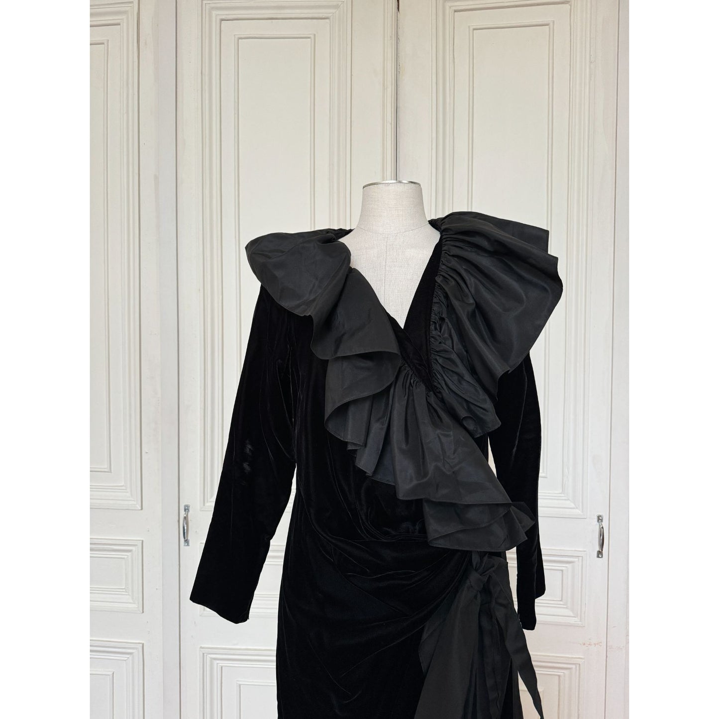 Fall 1984 Runway Silk Taffeta Ruffle &amp; Velvet Dress