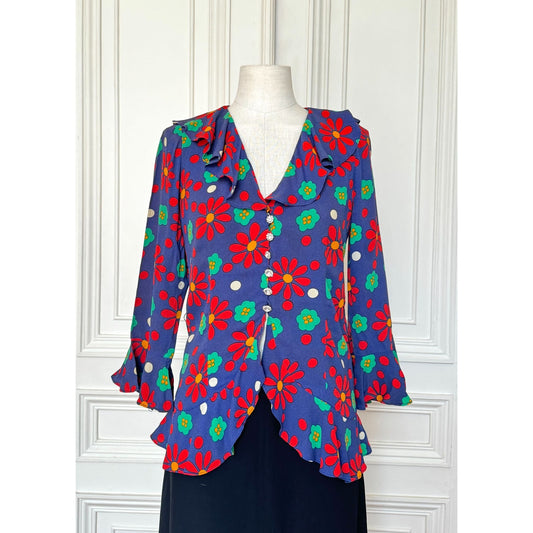 1970s Floral Viscose Ruffle Shirt Size FR 36 (fits like S) 