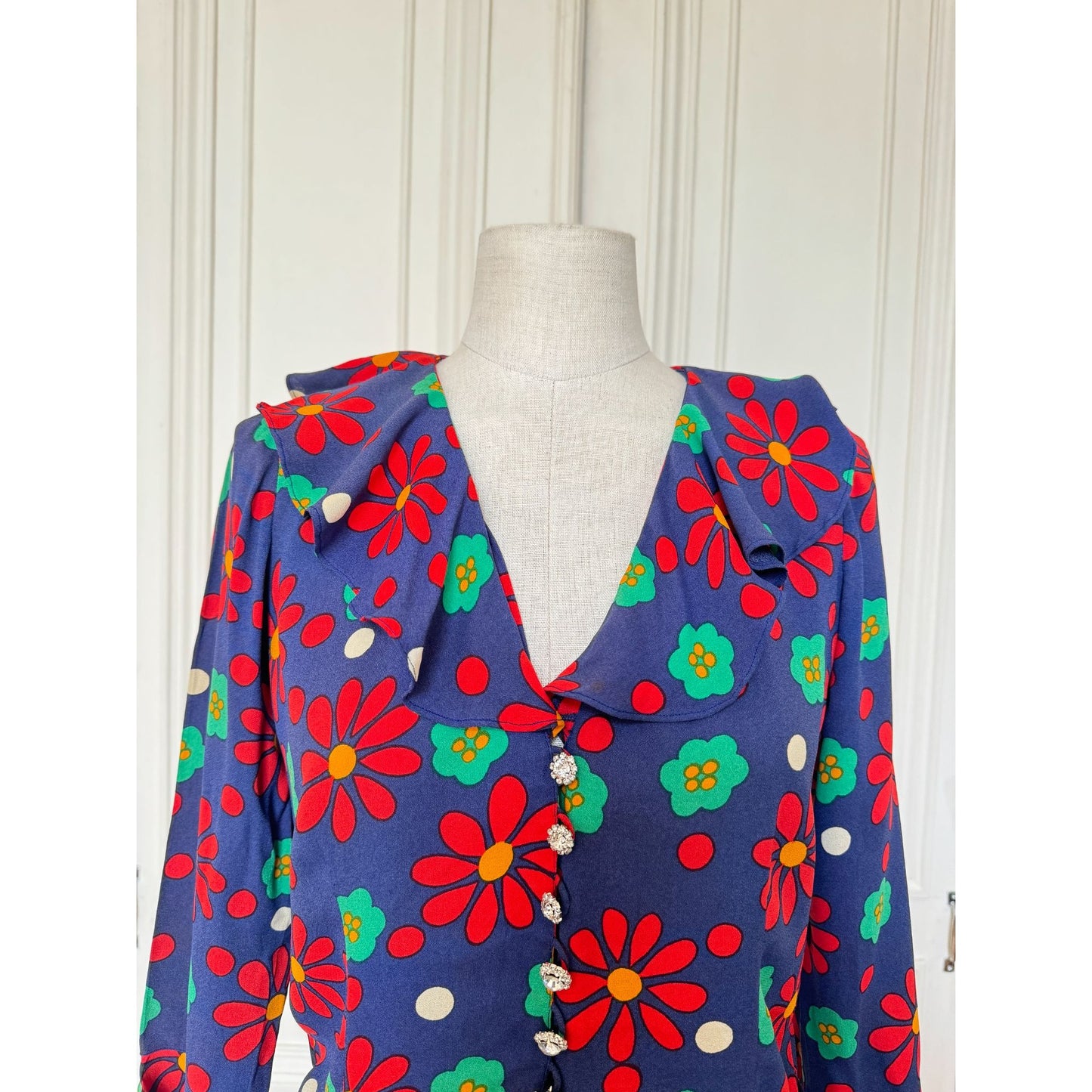 1970s Floral Viscose Ruffle Shirt Size FR 36 (fits like S) 