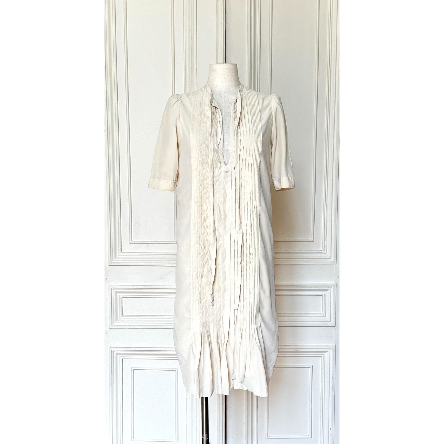 Beige Silk Pleated Dress