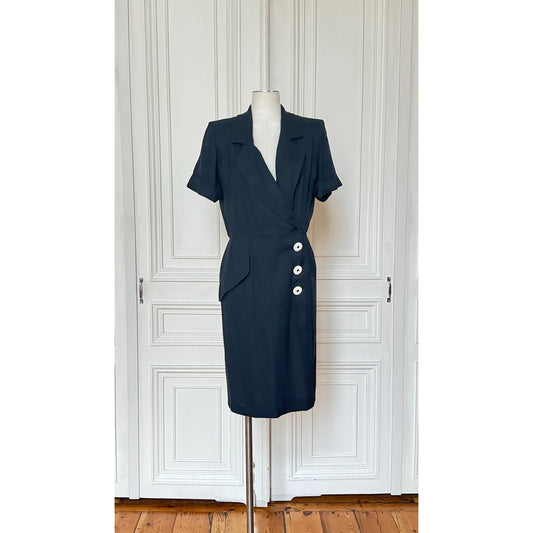 1990s Black Linen Wrap Dress