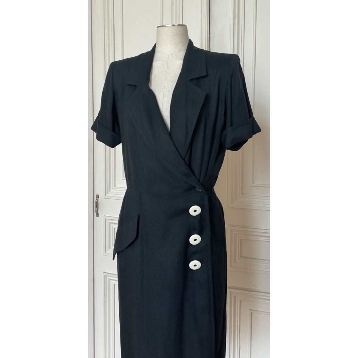 1990s Black Linen Wrap Dress