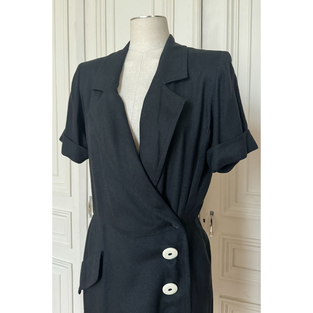1990s Black Linen Wrap Dress