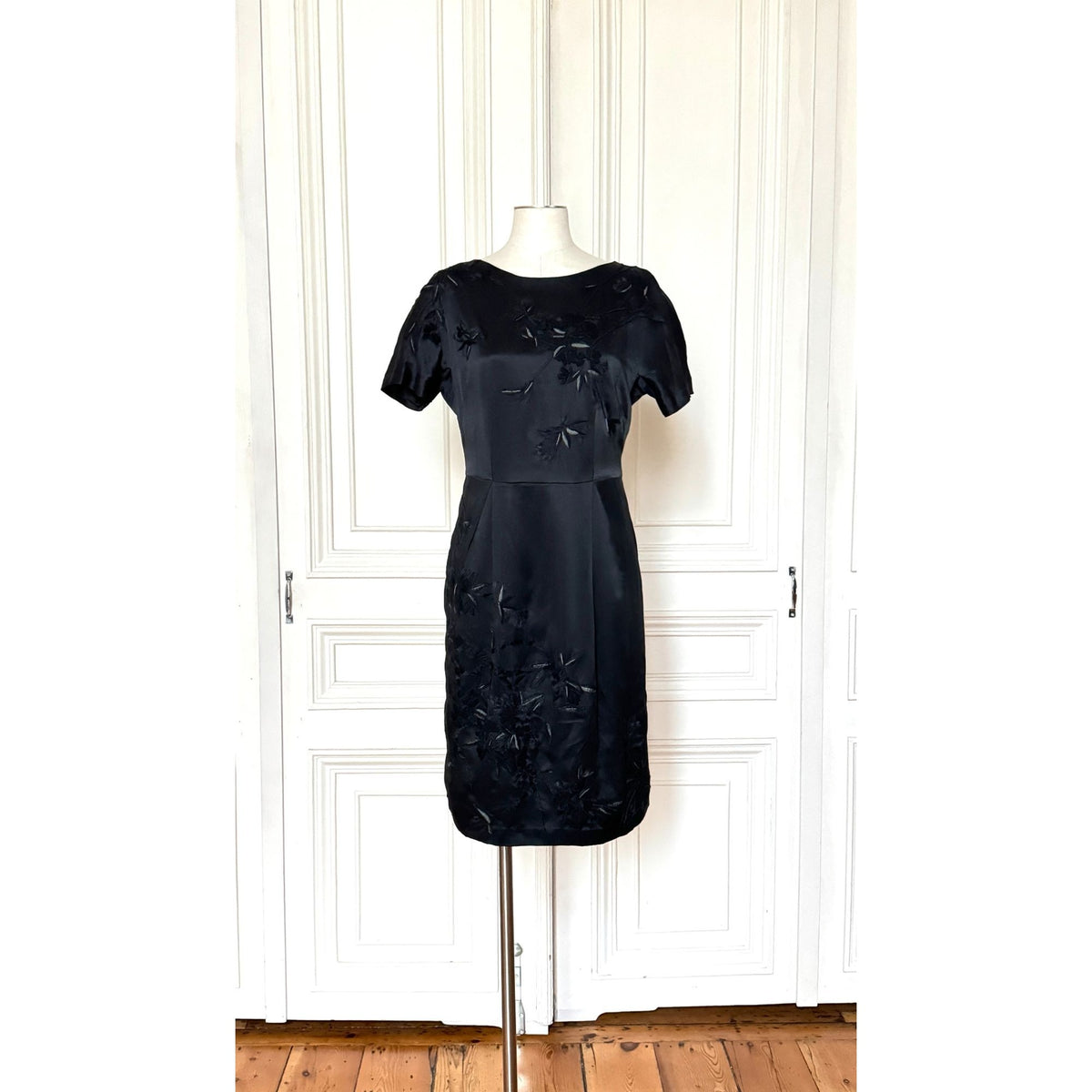 Black Tonal Floral Embroidered Silk Dress