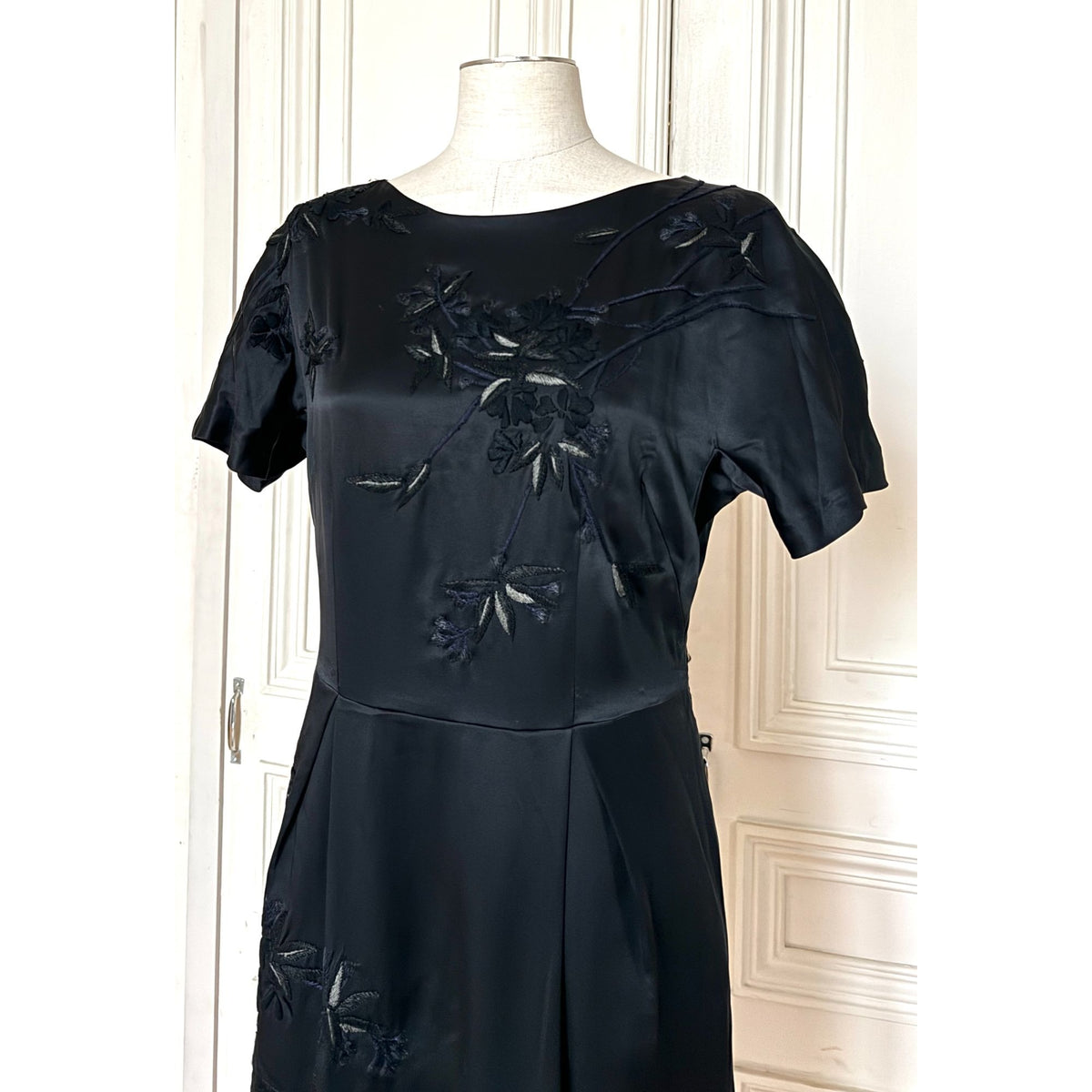Black Tonal Floral Embroidered Silk Dress