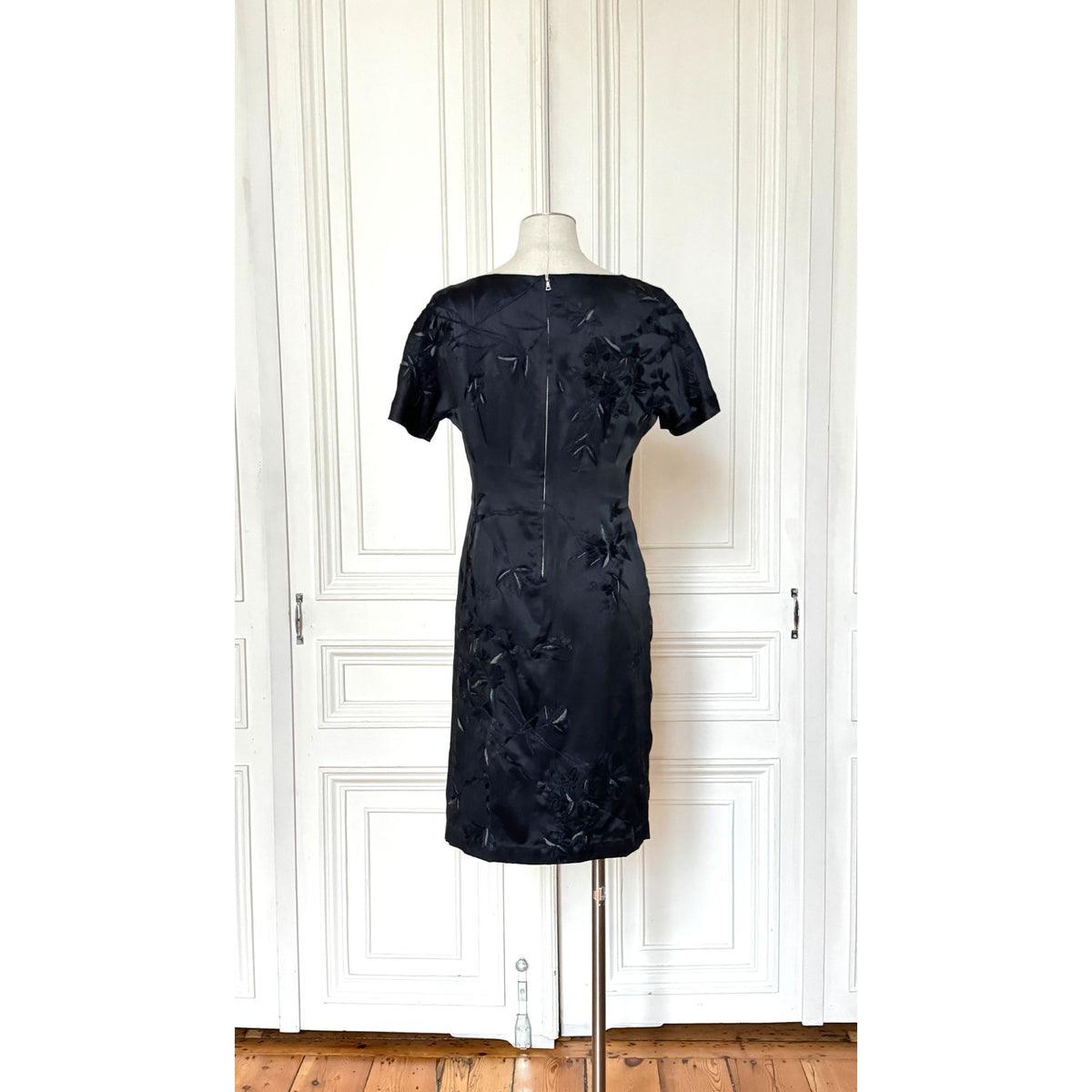 Black Tonal Floral Embroidered Silk Dress