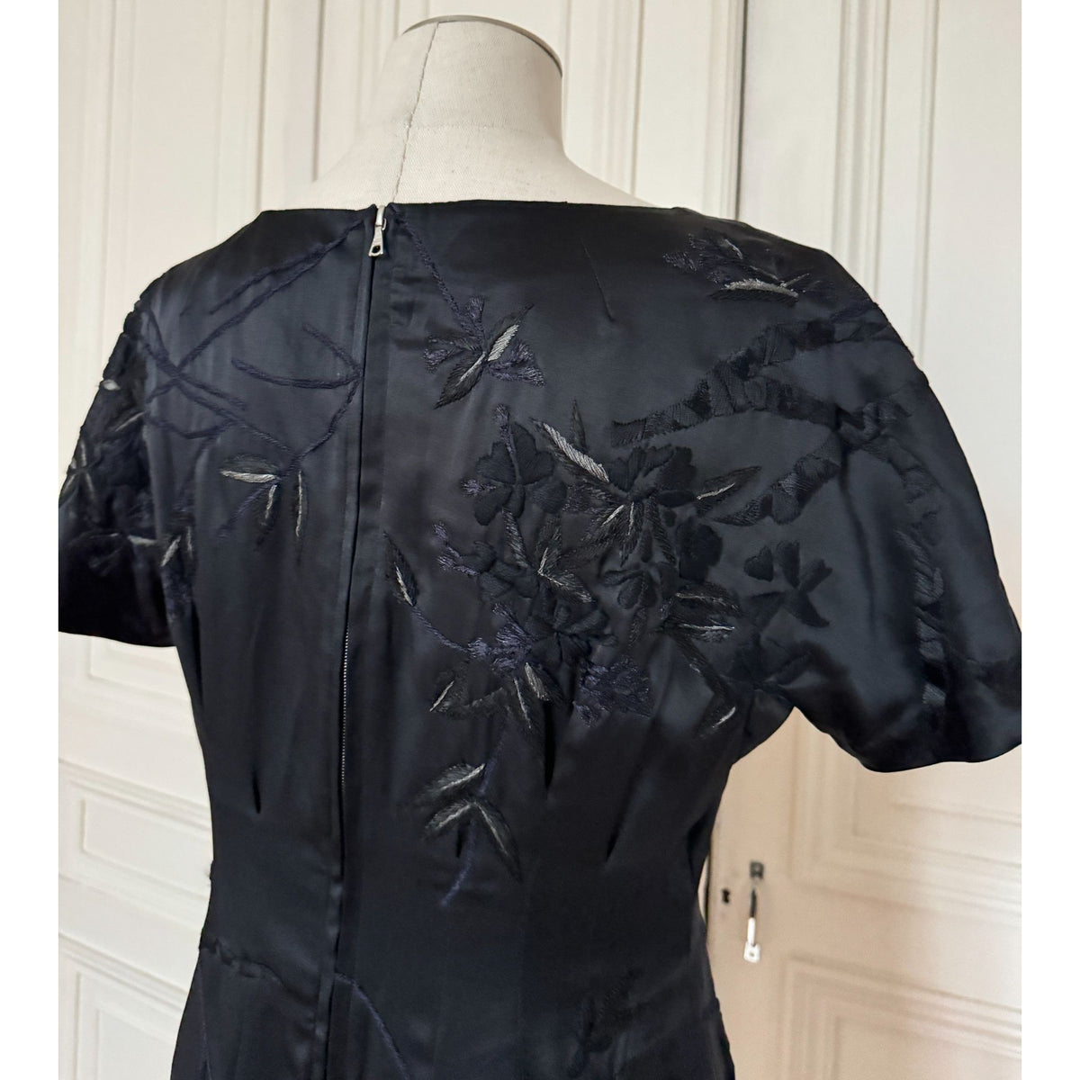 Black Tonal Floral Embroidered Silk Dress