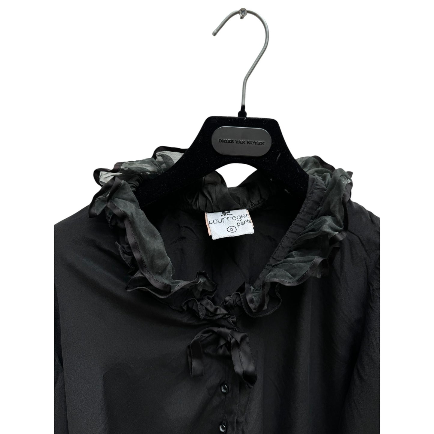 Vintage Black Silk Ruffled Collar Shirt