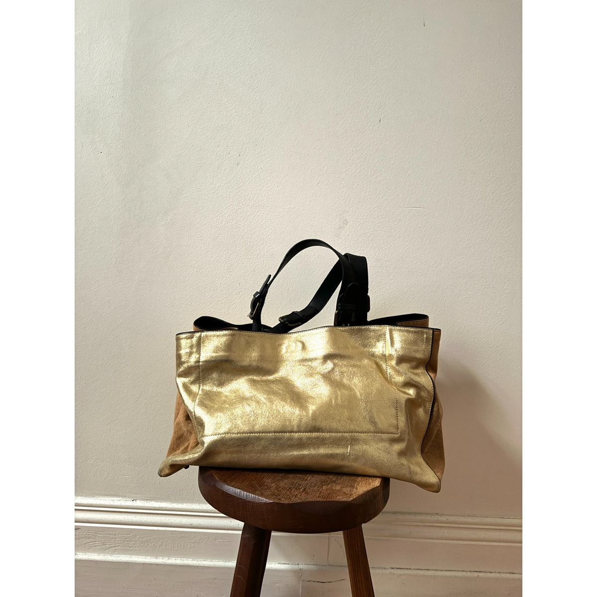 Gold Metallic Leather &amp; Canvas Shoulder Bag