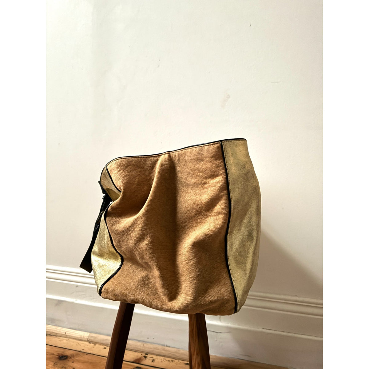 Gold Metallic Leather &amp; Canvas Shoulder Bag