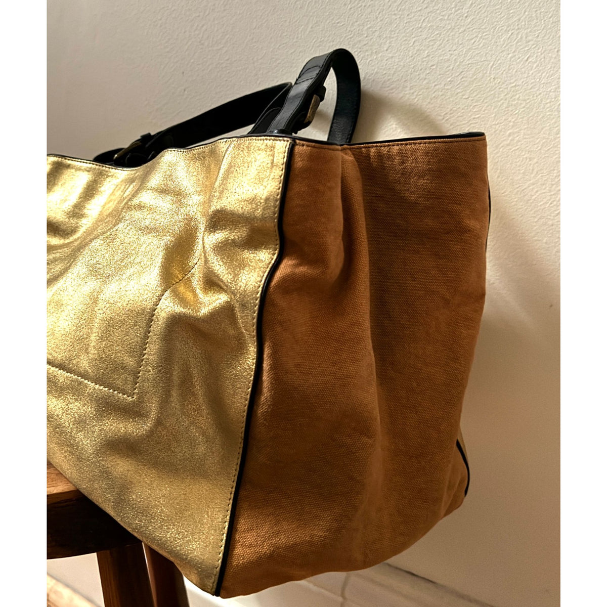 Gold Metallic Leather &amp; Canvas Shoulder Bag