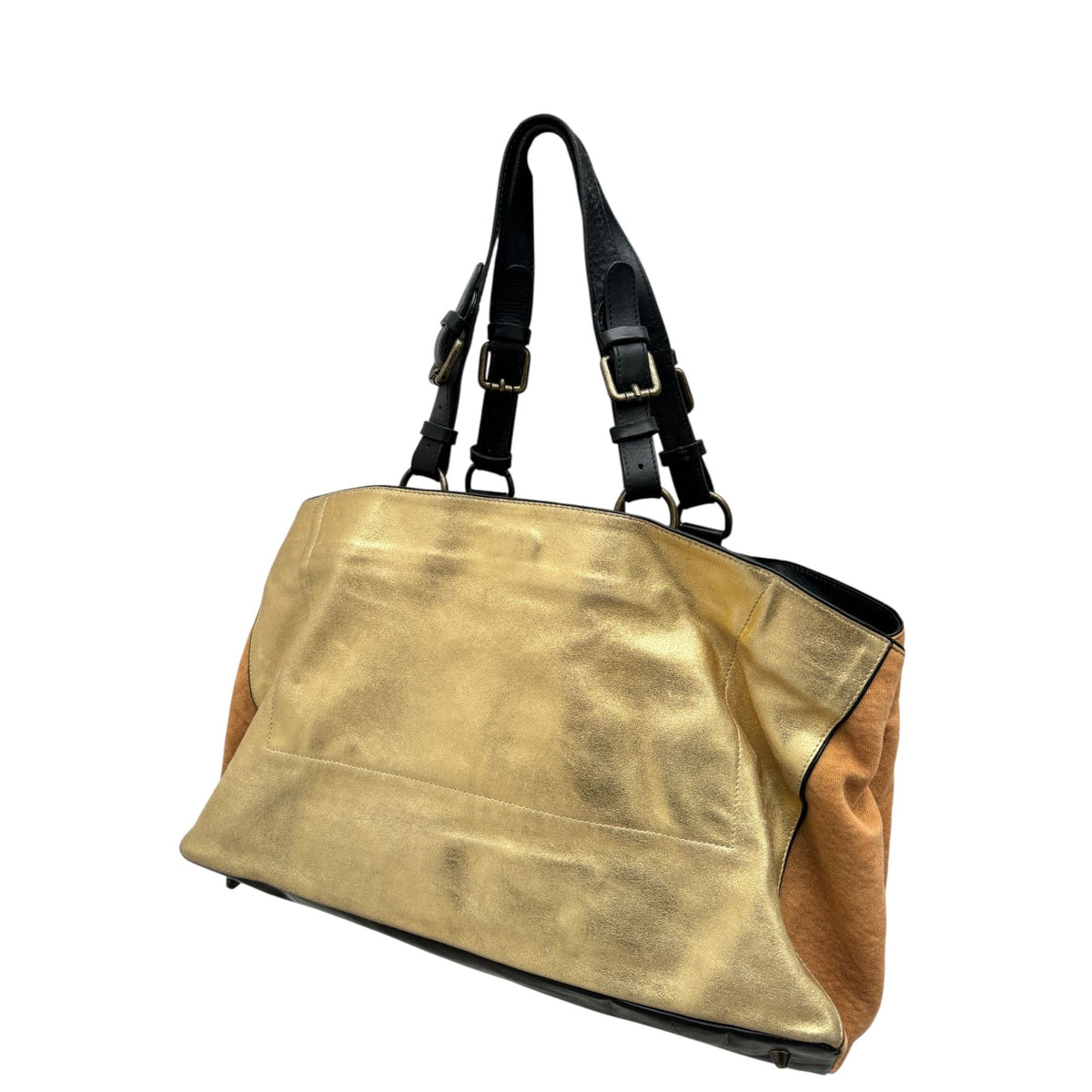 Gold Metallic Leather &amp; Canvas Shoulder Bag