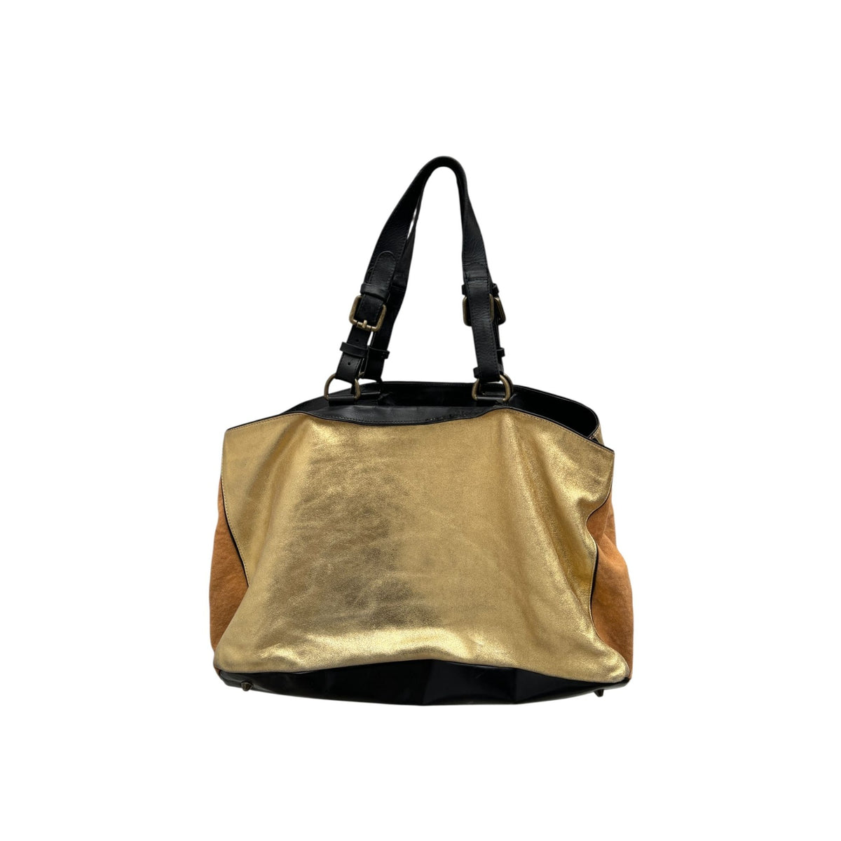 Gold Metallic Leather &amp; Canvas Shoulder Bag