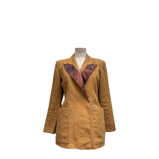 Jean Paul Gaultier 1990s Brown Linen Double-Breasted Blazer with Burgundy Silk Lapels Size IT 46 M to L