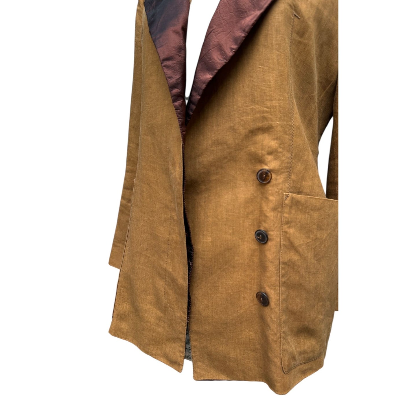 Jean Paul Gaultier 1990s Brown Linen Double-Breasted Blazer with Burgundy Silk Lapels Size IT 46 M to L