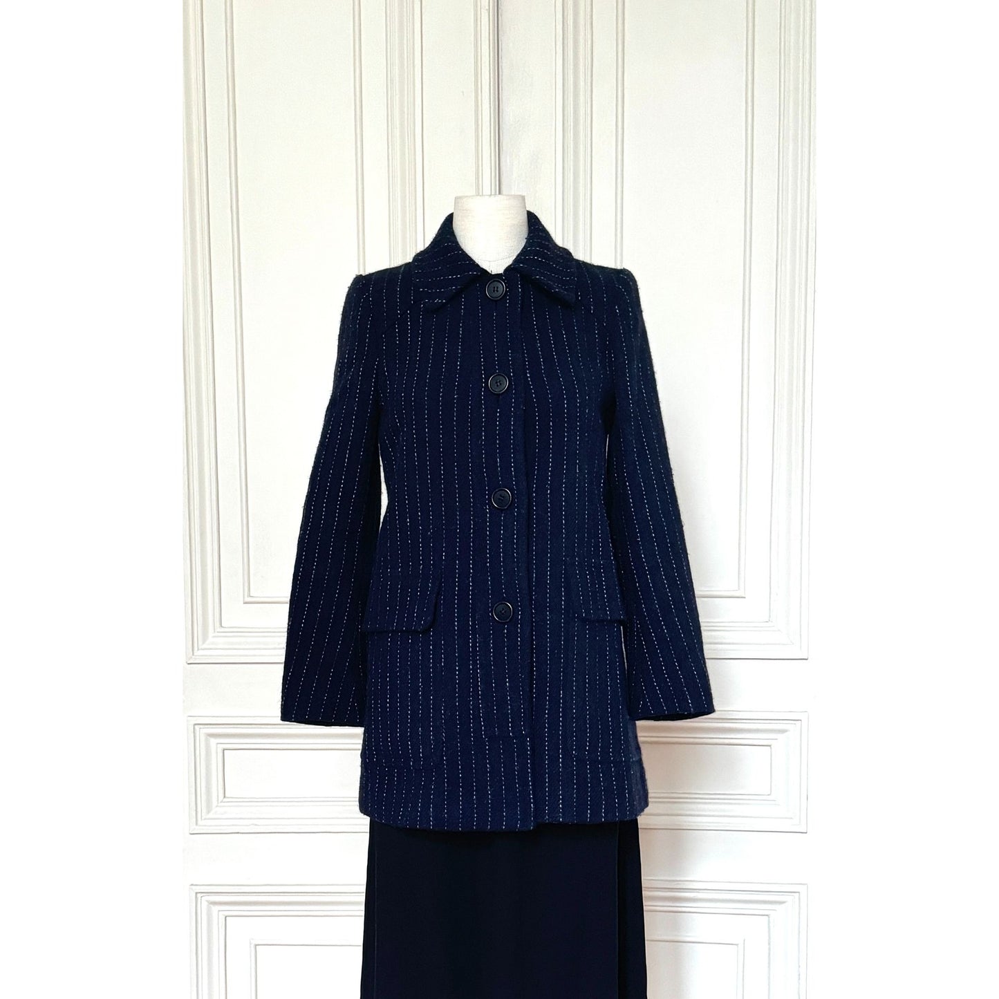 Navy Wool Pinstripe Coat 